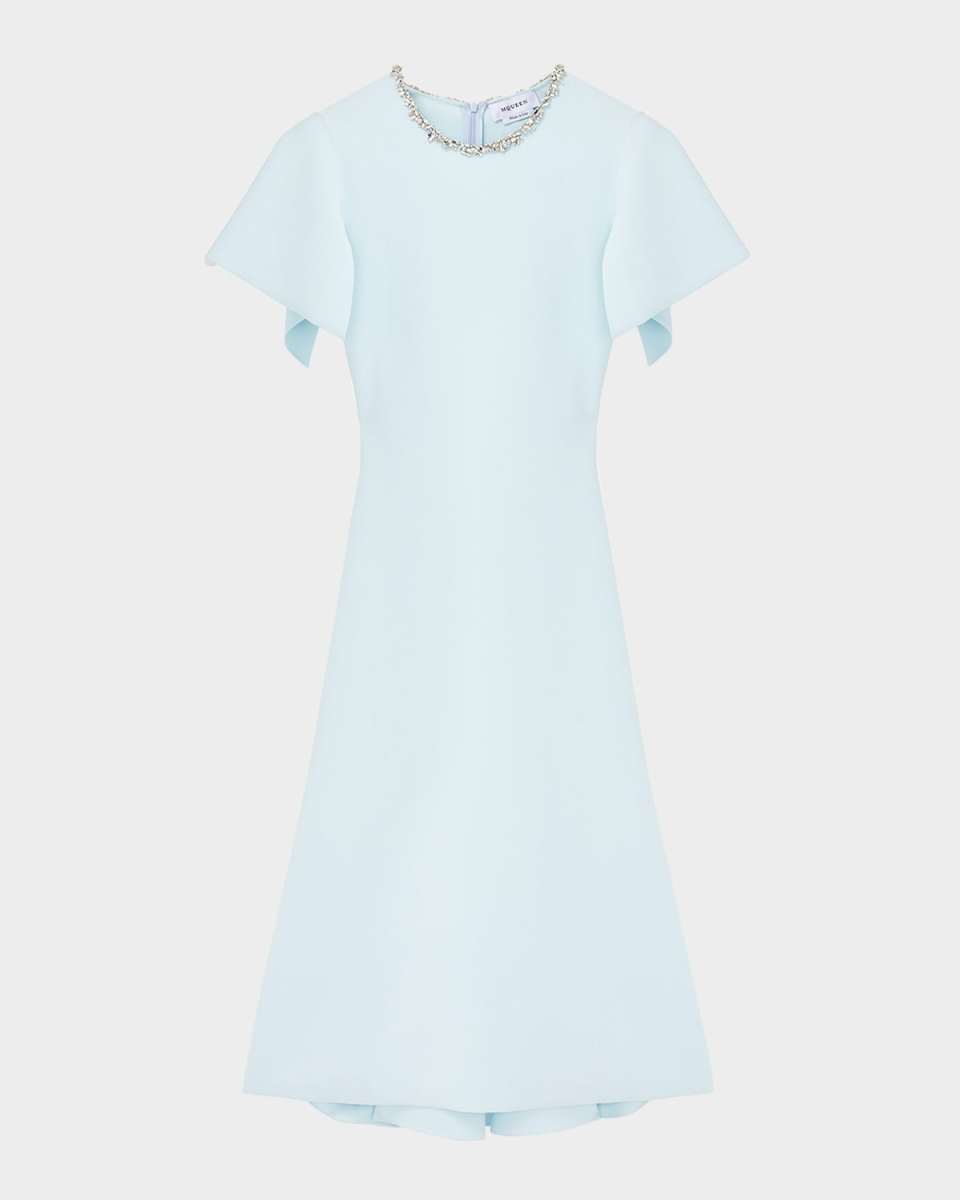 Crystal Neck Short-Sleeve Knit Midi Dress
